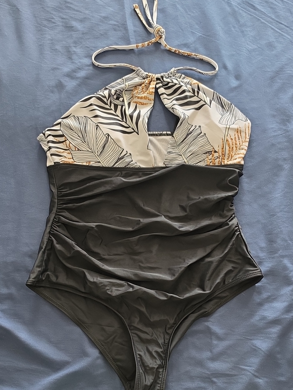 Women's Black Halter One-Piece Swimsuit with Leaf Print Top